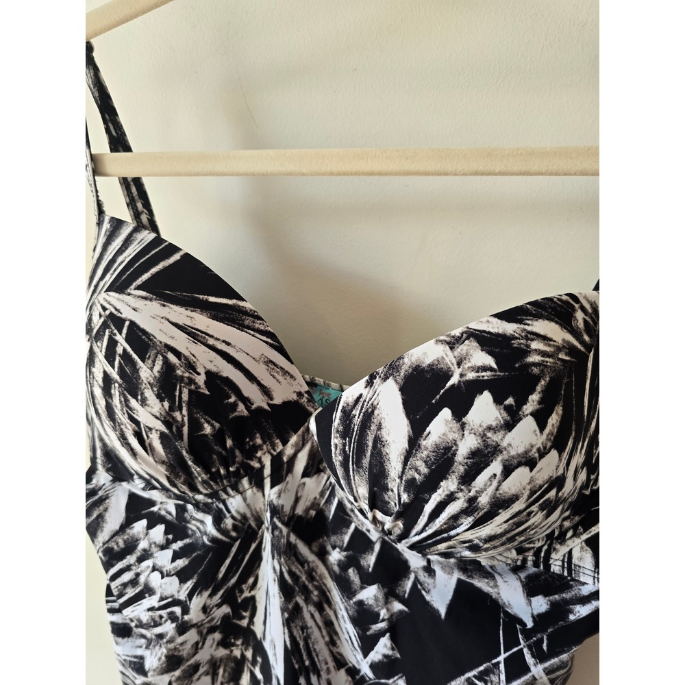 Spanx Assets Black White Palm Print Tankini Top XL Underwire Ruched - Picture 4 of 8